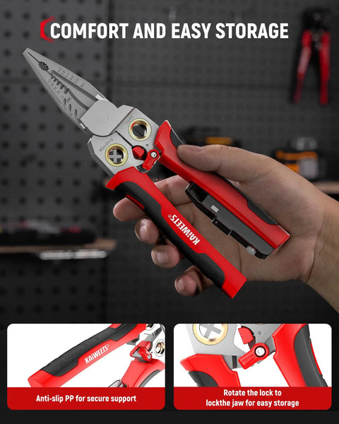 Kick Ass With KAIWEETS 9-In-1 Rechargeable Wire Stripper held in hand, featuring anti-slip grip and storage lock.