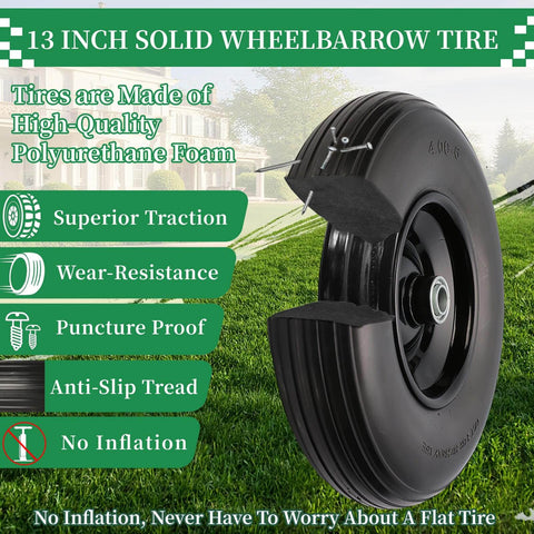 Flat Free 13 Inch Wheelbarrow Tire and Wheel Replacement, 4.00-6 Size, Solid Wheelbarrow Wheel with 1.75 Inch Centered Hub