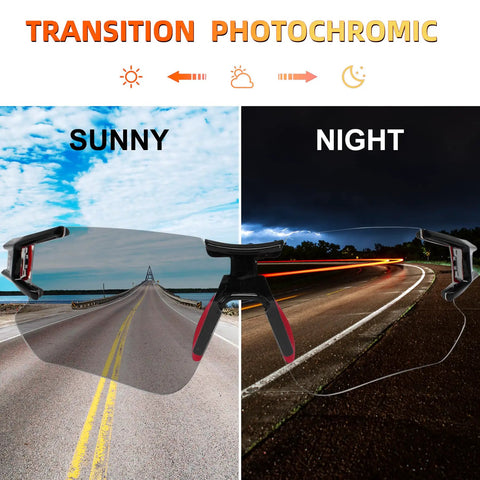 Photochromic Cycling Sunglasses For Men And Women, Frameless Bike Glasses With UV Protection, Black Red, Regular Fit