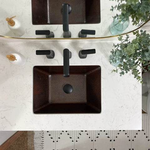 Top view of 12 Inch Hand Hammered Solid Copper Bathroom Sink Undermount Or Drop In Aged Copper Finish 18 Gauge Build Dual Flex Rim
