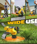 Cordless 3 In 1 String Trimmer Edger And Lawn Care Tool With Brushless Motor And Battery Level Display, 18 Inch Line, 20V Compatible, Battery Not Included, Charger Not Included, Yellow, in outdoor use