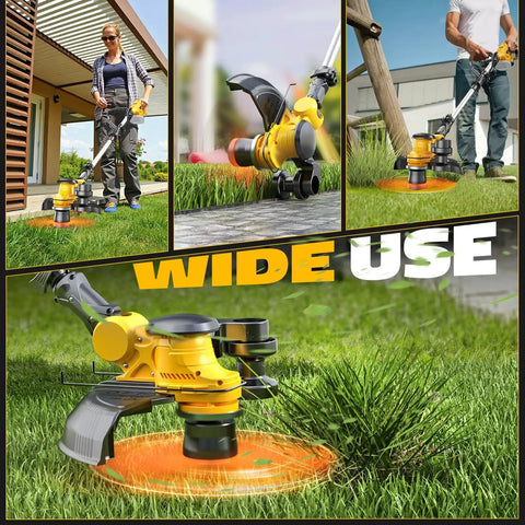 Cordless 3 In 1 String Trimmer Edger And Lawn Care Tool With Brushless Motor And Battery Level Display, 18 Inch Line, 20V Compatible, Battery Not Included, Charger Not Included, Yellow, in outdoor use