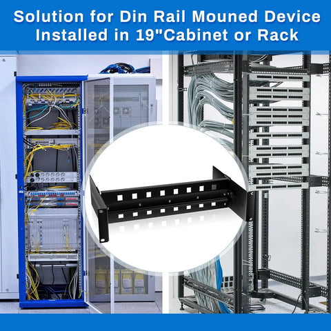 Black 19 Inch Rack Mount DIN Rail Kit Aluminum Alloy Adjustable Rails Bracket for Industrial Media Converters and Ethernet Switches