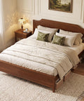 King Size Wooden Bed Frame With Cozy Upholstered Headboard And Rock Solid Thick Wood Slat Support For Legit Bedroom Vibes And Reliable Comfort All Night Long in a cozy bedroom setting.