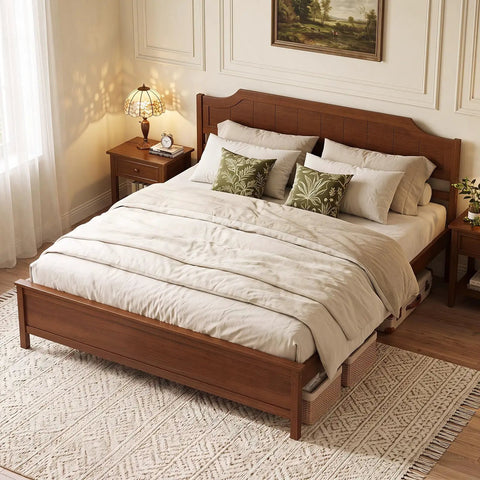 King Size Wooden Bed Frame With Cozy Upholstered Headboard And Rock Solid Thick Wood Slat Support For Legit Bedroom Vibes And Reliable Comfort All Night Long in a cozy bedroom setting.