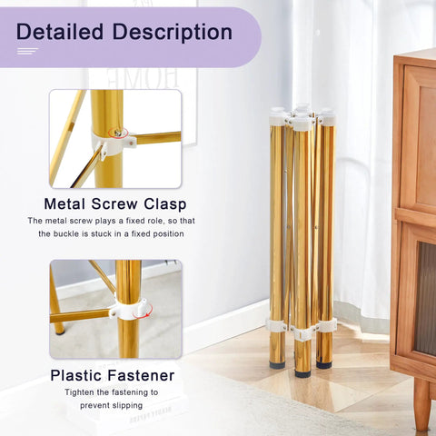 Close-up of metal screw clasp and plastic fastener on Adjustable Stainless Steel Table Legs Gold Finish Foldable Support Base.