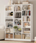 Triple Wide Bookshelf With Six Tier Storage And Seventeen Open Shelves In Pure White showcasing books, decor, and audio items for stylish organization.