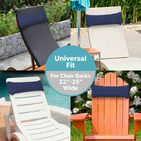 Waterproof Outdoor Lounge Chair Pillow With Strap, Headrest Cushion For Pool Lounger And Patio Chaise, Navy, installed on various chairs