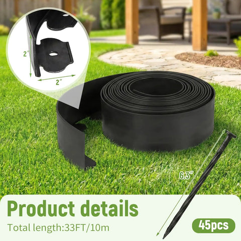 Flexible No Dig Garden Edging Kit 33 Ft By 2 In Plastic Landscape Border With 45 Stakes on green lawn, product details inset