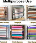 Heavy Duty Commercial Roll Storage Rack With Wheels Holds Vinyl Leather Wallpaper And Window Film organized with various rolls.
