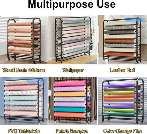 Heavy Duty Commercial Roll Storage Rack With Wheels Holds Vinyl Leather Wallpaper And Window Film organized with various rolls.