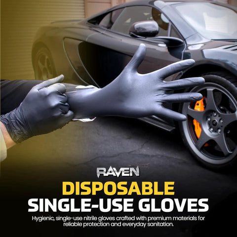 Raven 7 Mil Powder Free Black Nitrile Gloves Disposable Large 100 Count, showcased with luxury car in background.
