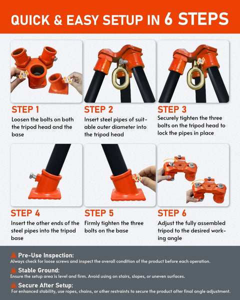 Industrial-Grade Tripod Head assembly guide in 6 steps with images of parts and setup instructions for heavy lifting