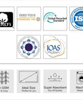 Certification and feature icons showing quality, material, size, absorbency, and washability for cotton chair covers.