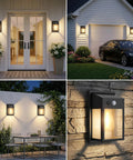 Outdoor Solar Porch Lights 2 Pack Featuring Motion Sensor And 3 Lighting Modes Zero Wiring Hassle Built Tough Weatherproof Wall Lanterns Sconces For Front Door Garage Fence Patio 7 5 Inch showcased in four outdoor settings.