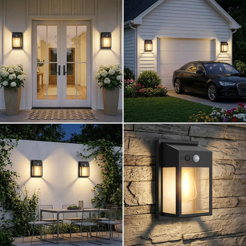 Outdoor Solar Porch Lights 2 Pack Featuring Motion Sensor And 3 Lighting Modes Zero Wiring Hassle Built Tough Weatherproof Wall Lanterns Sconces For Front Door Garage Fence Patio 7 5 Inch showcased in four outdoor settings.