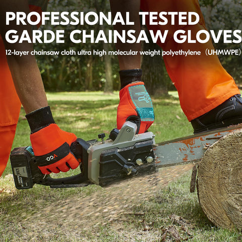 Chainsaw Safety Gloves Built For The Job With 12 Layer Protection On Left Hand Back Tough As Nails Leather Work Gloves For Logging And DIY High Visibility Orange Back PVC Palm Patches For Extra Durability Size M