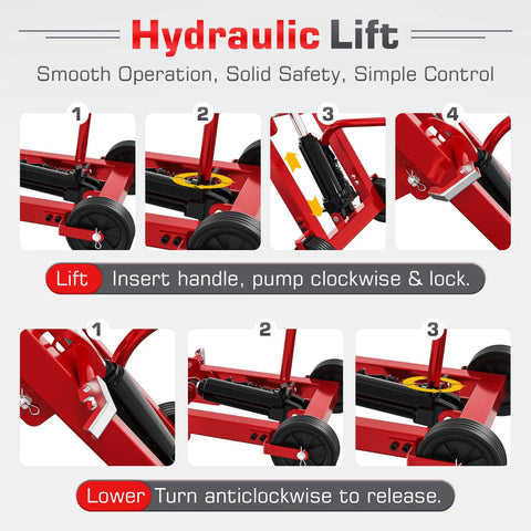 Hydraulic lift operation guide for Betisef 500 Lb Hydraulic Mower Lift Jack for Lawn Tractor with pump instructions.