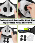 Silver And Black Upgrade M Plus Dust Mask Reusable Respirator With 6 Activated Carbon Filters shown with replaceable filters and valves