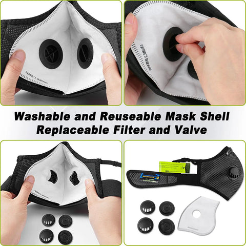 Person demonstrating Six Activated Carbon Filters Reusable Dust Mask With Upgraded M Plus Respirator for dust protection