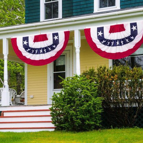 Patriotic Bunting Flags Set Of 4th Of July Independence Day Outdoor Decor Pleated Large Bunting Banner Red White Blue Stars on porch