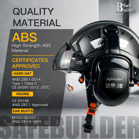 Tough Carbon Fiber ABS Safety Helmet with Integrated Clear and Tinted Goggles Plus Adjustable Noise-Canceling Ear Muffs for Top-Notch Head and Hearing Protection on Industrial Construction Sites ANSI Z89.1 Approved Adjustable Fit