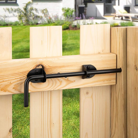12 Inch Cane Bolt Heavy Duty Drop Rod Gate Stopper Hardware Ground Latch for wooden fences with black finish installed on gate