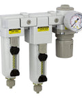 Three Stage Air Drying System With Zero Point Three Micron Coalescing Filter Ten Micron Particulate Filter Manual Drain Metal Bowl Guard Zero To One Hundred Fifty PSI Gauge Three Eighths Inch NPT Inlet Pro Grade Industrial Air Filtration Module in white with gauge and fittings