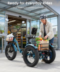 Adult Electric Trike With 20 Inch Fat Tires, 7 Speed Folding Tricycle, 500W Rear Hub Motor, Smooth Power And Stable Handling For Everyday Errands, Comfy Ride, Easy Fold Design For Convenient Storage, woman loading groceries at store