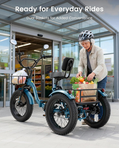 Adult Electric Trike With 20 Inch Fat Tires, 7 Speed Folding Tricycle, 500W Rear Hub Motor, Smooth Power And Stable Handling For Everyday Errands, Comfy Ride, Easy Fold Design For Convenient Storage, woman loading groceries at store