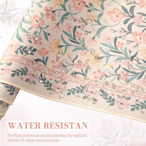 Close-up of Pink Floral Desk Pad For Aesthetic Office Setup, XXL Large Mouse Pad with Water Resistant Surface and Stitched Edges