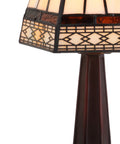 Close-up of 12 Inch Brown Tiffany Style Table Lamp With Ivory Cream Stained Glass Shade on wooden base