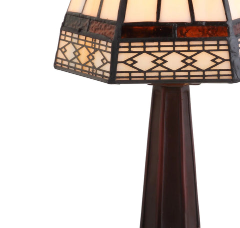 Close-up of 12 Inch Brown Tiffany Style Table Lamp With Ivory Cream Stained Glass Shade on wooden base
