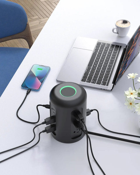 Laptop and phone charging on 12 Outlets Power Strip Tower With 20W USB C PD Fast Charging, 2 USB C Ports And 3 USB A Ports