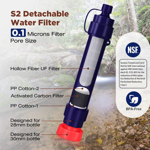 Detachable Water Filter Straw with NSF certification displayed in a forest setting for clean water outdoor adventures