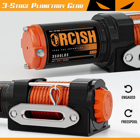 3500 LB 12V Electric Winch Kit With Synthetic Rope For ATV UTV Beefy Heavy Duty Off Road Recovery Winch Easy Mount Waterproof Motor Safe Load Handling And Smooth Pulling, close-up of 3500lb 12V winch with orange synthetic rope