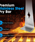 Heavy duty stainless steel pry bar on metal surface with sparks, highlighting bending resistance and rust-proof qualities.