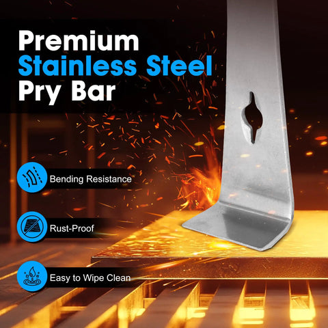 Heavy duty stainless steel pry bar on metal surface with sparks, highlighting bending resistance and rust-proof qualities.