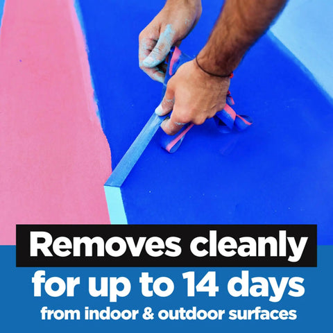 Person peeling Multi Surface Painter Tape For Indoor And Outdoor Use 1.41 Inch Wide Blue 16 Rolls Easy Release Damage Free Removal Up To 14 Days Pro Grade Masking Tape For Clean Sharp Lines off a painted surface