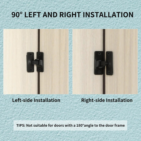 90 Degree Left and Right Installation of Compact 90 Degree Flip Latch Gate Security Lock With Matte Black Finish on wood panels.