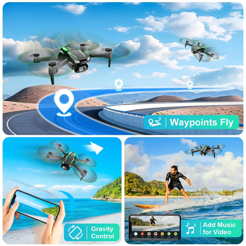 1080P HD FPV Foldable Drone for Kids and Adults Beginners flying over scenic locations with waypoint fly feature.