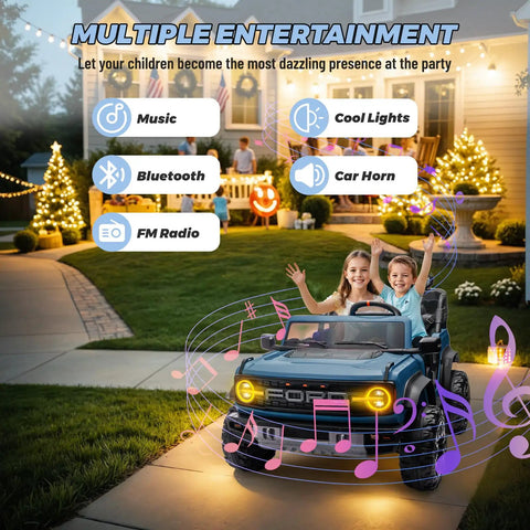 2 Seater Ride On Car For Kids 24V Licensed Ford Bronco Raptor Electric Ride On Truck With Remote Control shown in use outdoors with children