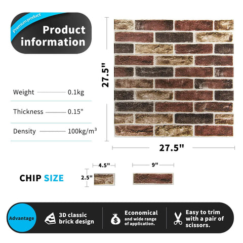 20 Pack Faux Brick 3D Wall Panels Peel And Stick In Red Brown Self Adhesive Waterproof Foam Wallpaper dimensions and specs