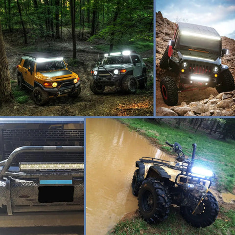 Off-road vehicles with 20Inch 420W LED Light Bar Triple Row Flood Spot Combo, showcasing multi-angle reflector in use.