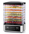 No Stress Food Dehydrator With Eight Stainless Steel Trays Smart Digital Timer displaying colorful fruits and veggies in drying trays.