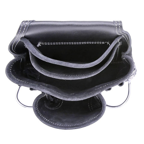 Top view of Oil Tanned Leather Tool Pouch Bag For Carpenters And Handymen With 10 Pockets And 2 Hammer Holders for construction use