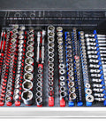 Open drawer showing Must Have Twist Lock Magnetic Tool System Organizer Holds Up To 126 Tools With Magnetic Clips Red