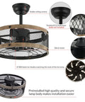 Caged Farmhouse Ceiling Fan With Lights Remote Control Bladeless Enclosed Fandelier 18 Inch Black Ideal For Bedroom Kitchen And Living Room Cozy Rustic Style, showing stable canopy, E12 bulb base, and silent motor.