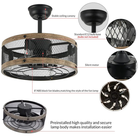 Caged Farmhouse Ceiling Fan With Lights Remote Control Bladeless Enclosed Fandelier 18 Inch Black Ideal For Bedroom Kitchen And Living Room Cozy Rustic Style, showing stable canopy, E12 bulb base, and silent motor.