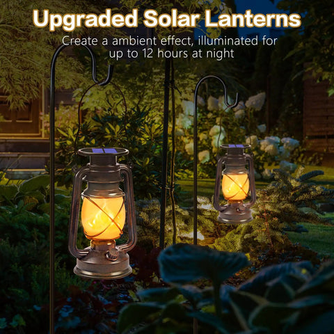 Outdoor Solar Lanterns 2 Pack Waterproof Bronze Flickering Flame Lights for Garden Patio and Yard auto charge no batteries